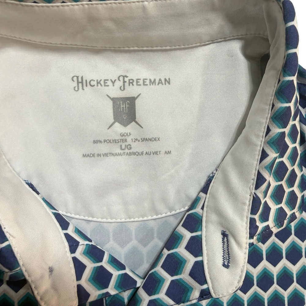 Hickey Freeman Golf Polo Mens Large Blue Geometric Honeycomb Excellent Stretch - Picture 2 of 10
